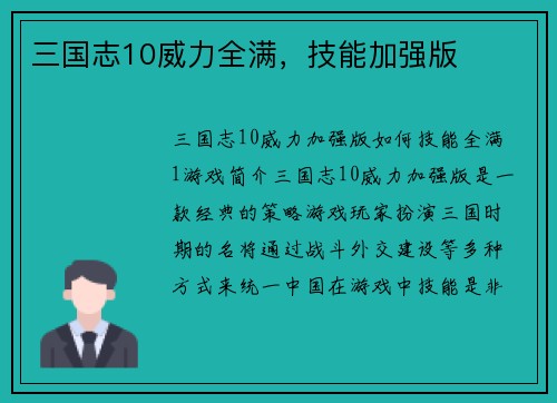 三国志10威力全满，技能加强版
